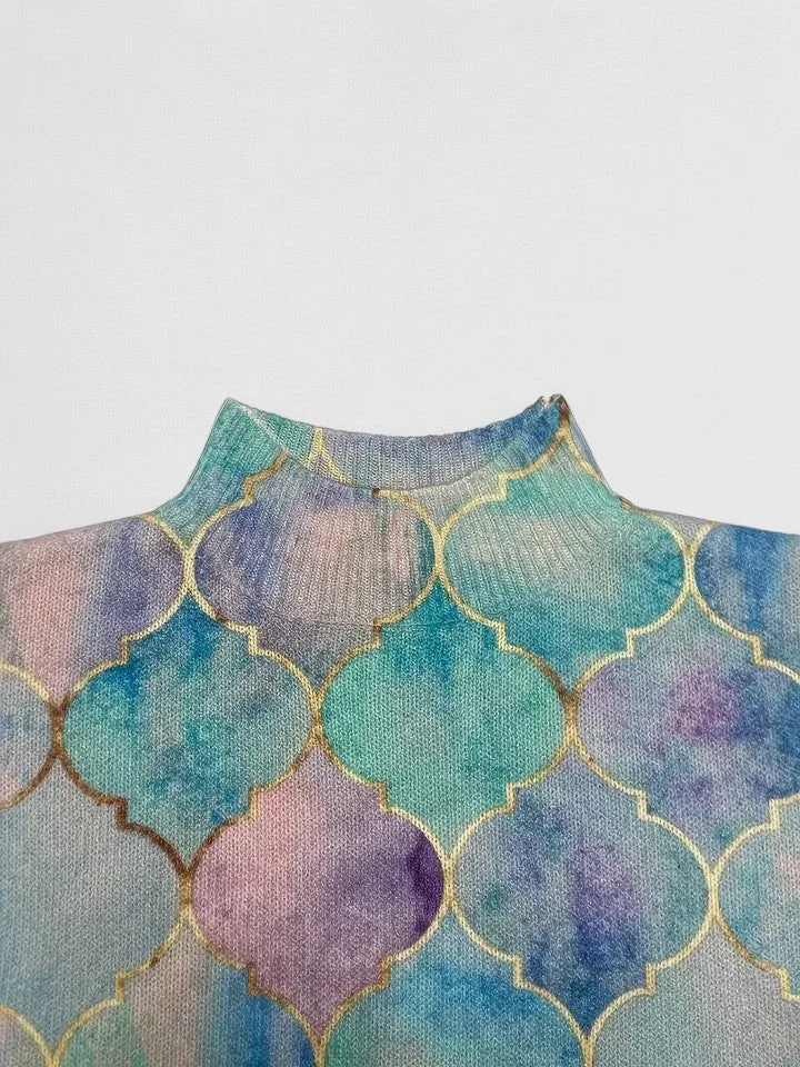 Pull en tricot à col roulé avec imprimé géométrique pour femmes, à manches longues