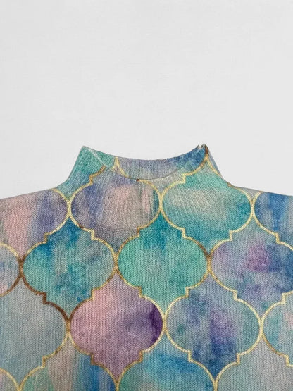 Pull en tricot à col roulé avec imprimé géométrique pour femmes, à manches longues